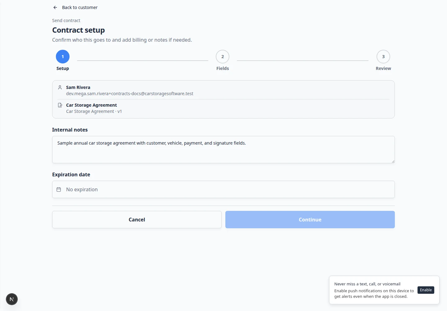 Send contract page showing Contract setup step with customer name, vehicle picker, and Continue button