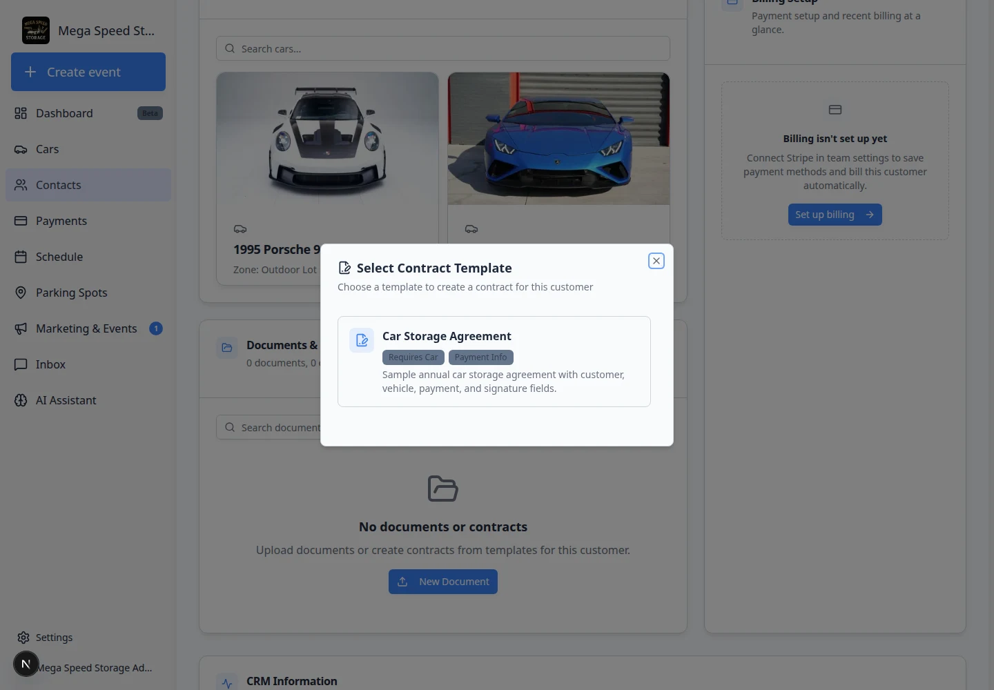 Create contract dialog showing template selection and vehicle choices for a customer with multiple cars