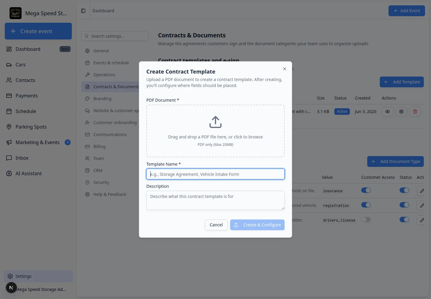 Create Contract Template dialog with PDF upload area, template name, description, and Create and Configure button