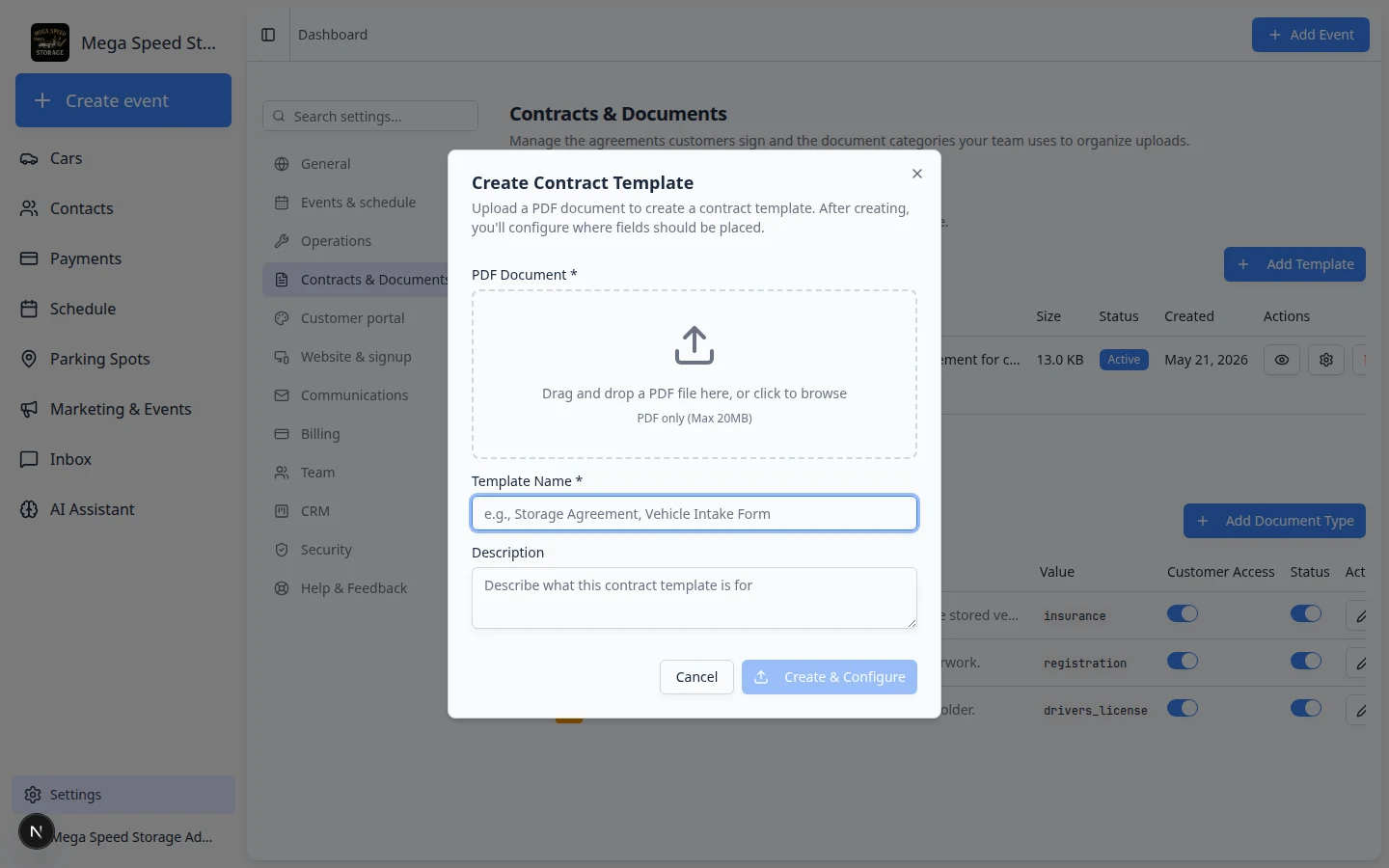 Create Contract Template dialog with PDF upload area, template name, description, and Create and Configure button