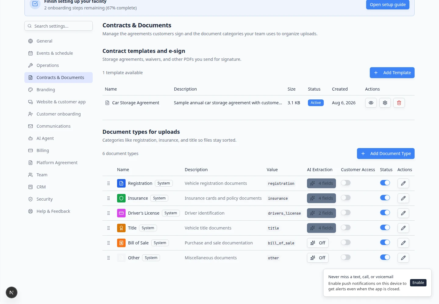 Document types for uploads section listing Insurance, Vehicle Registration, and other upload categories with Add Document Type button