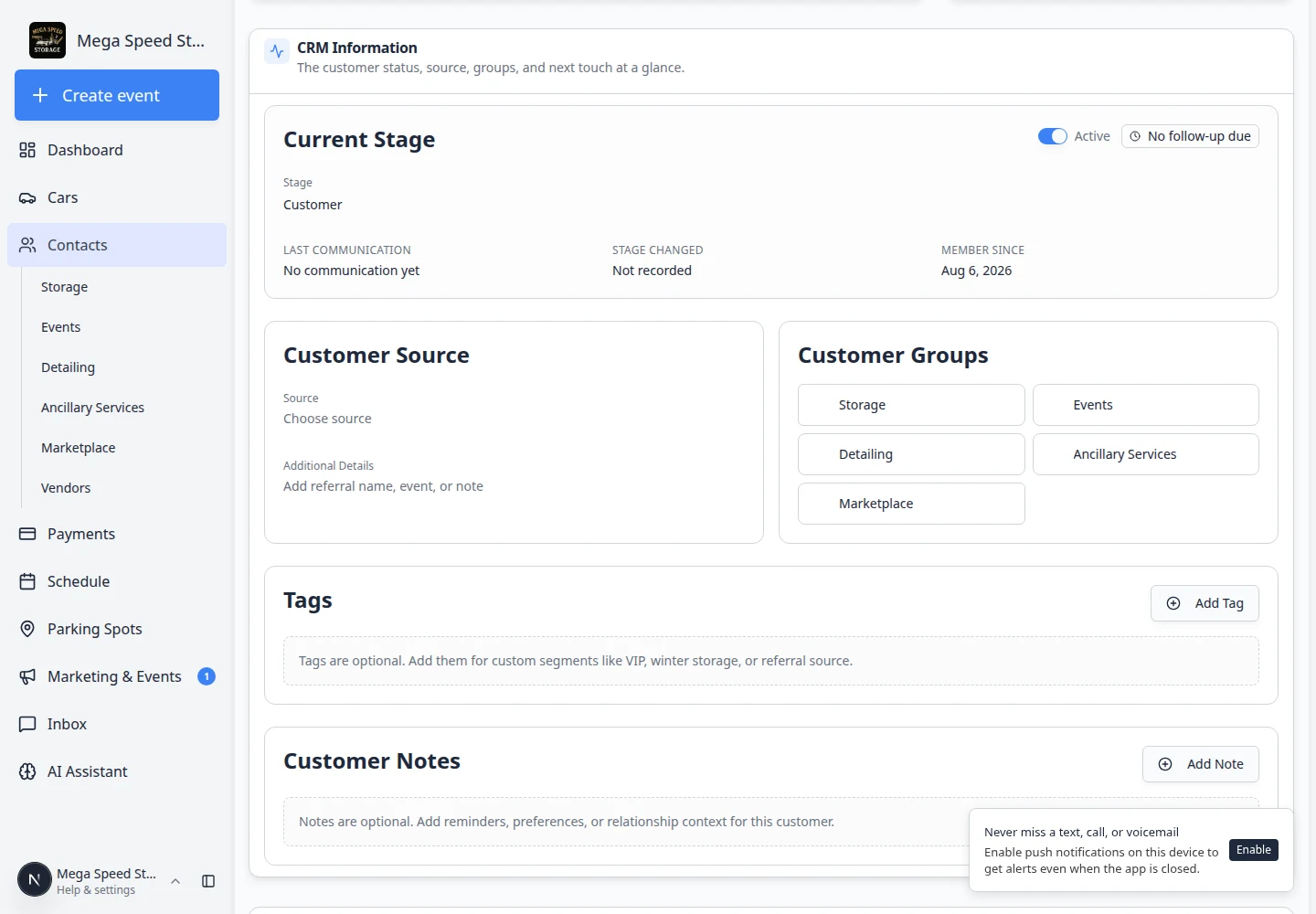 Customer record Documents and Contracts section showing empty state with New Document button