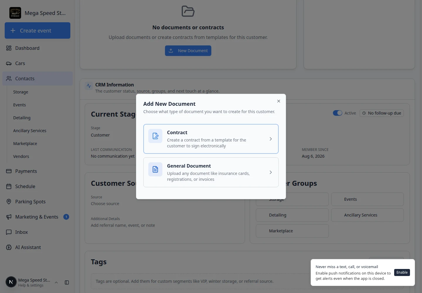 Add New Document window showing Contract and General Document choices