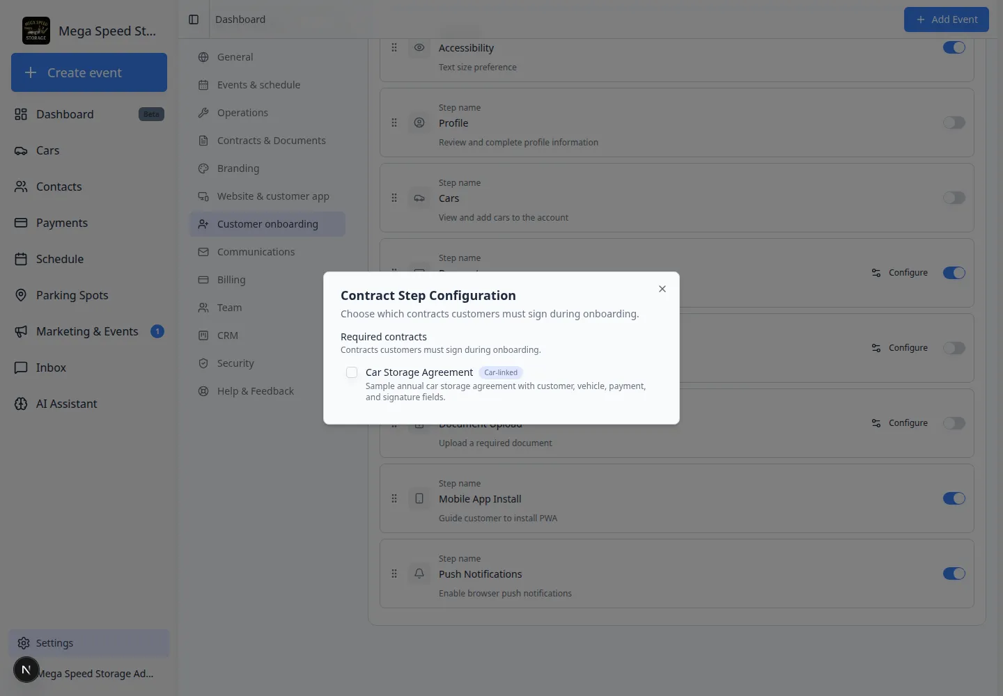 Contract Step Configuration modal showing required contract templates for onboarding