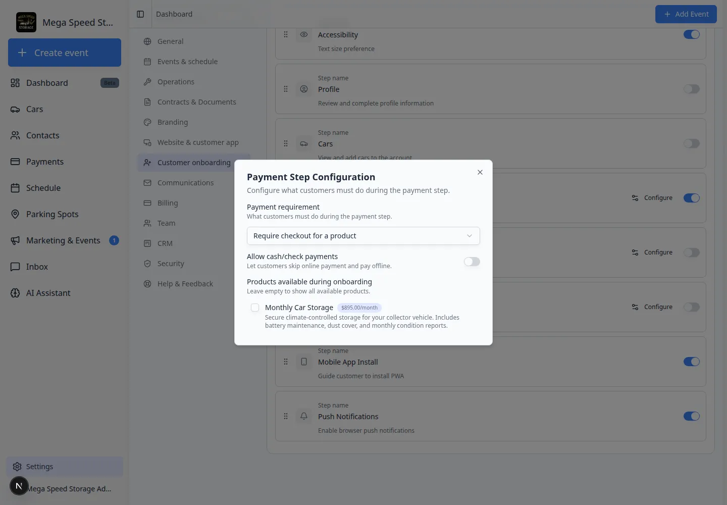Document Upload step configuration modal showing required document types for onboarding