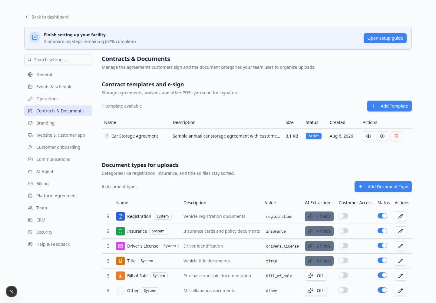 Contracts and Documents settings page with contract templates at the top and document types below