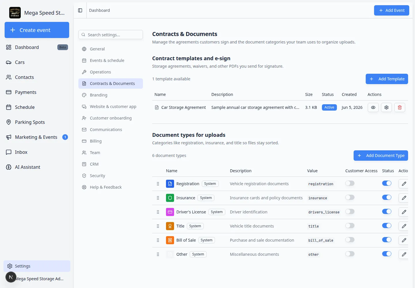 Contracts and Documents settings page showing contract templates and document types sections