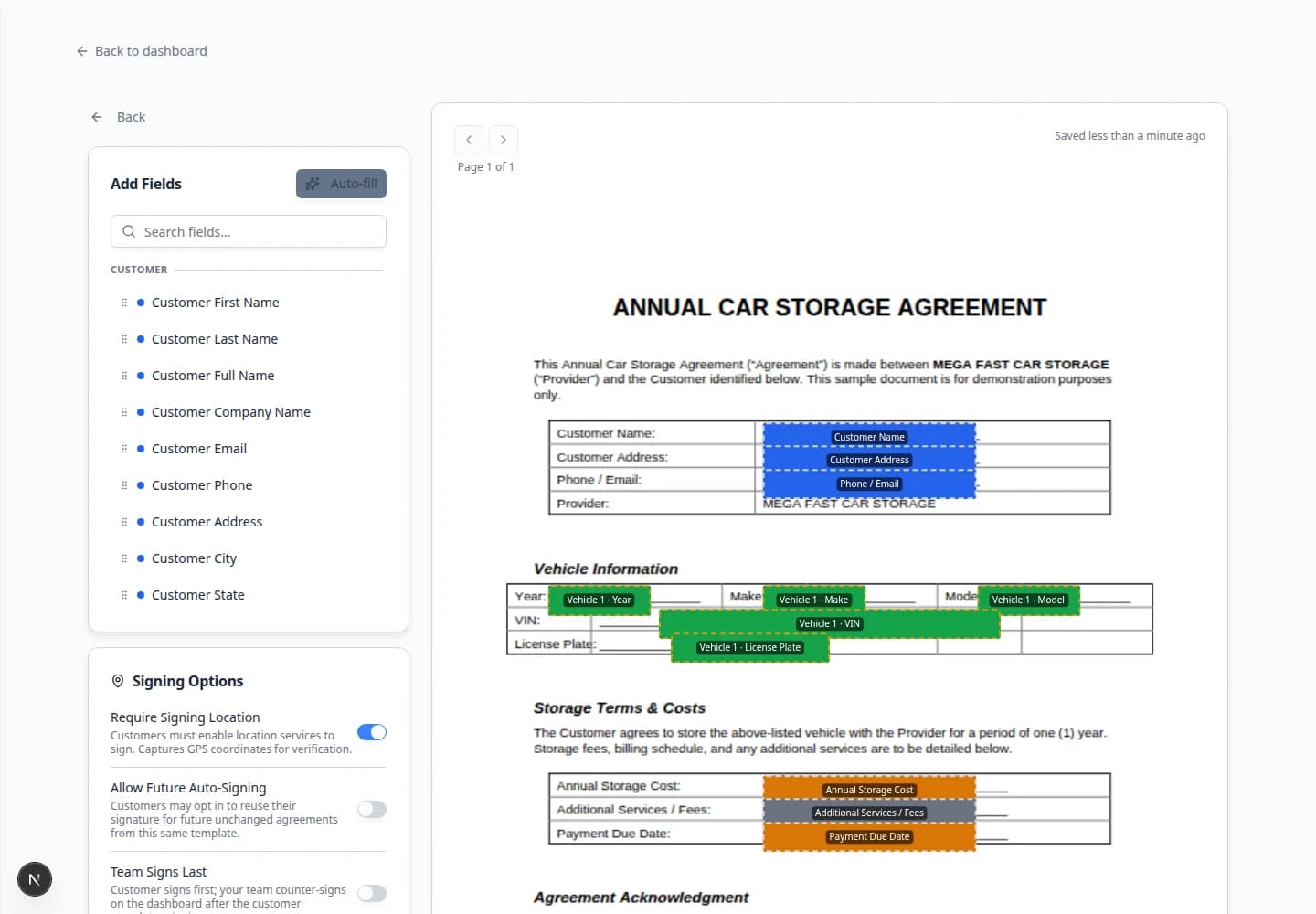 Contract template editor showing PDF preview with placed fields for customer name, vehicle details, signature, and date