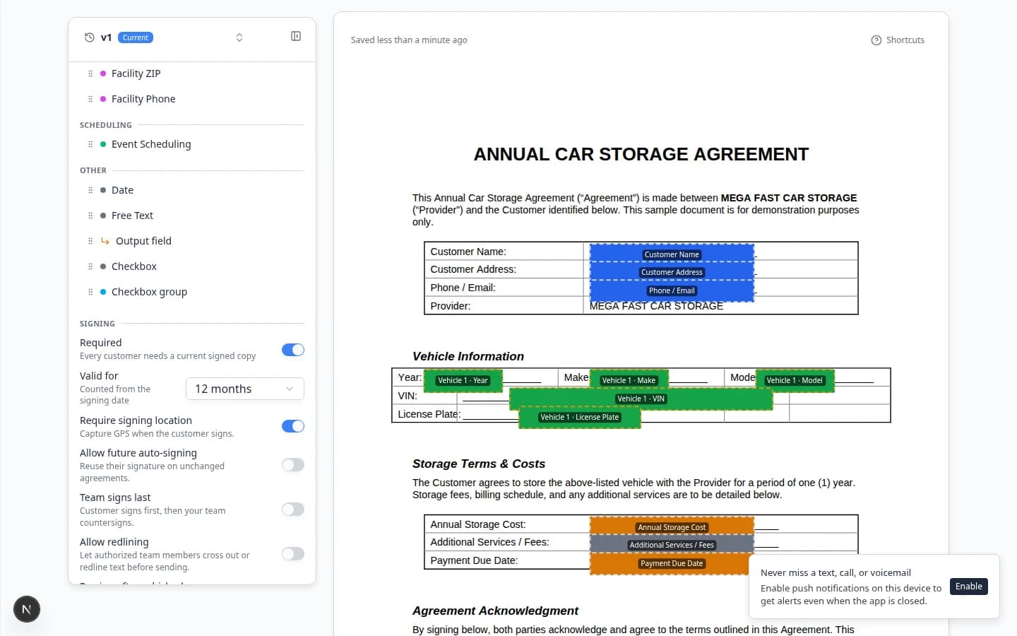 Contract template signing options