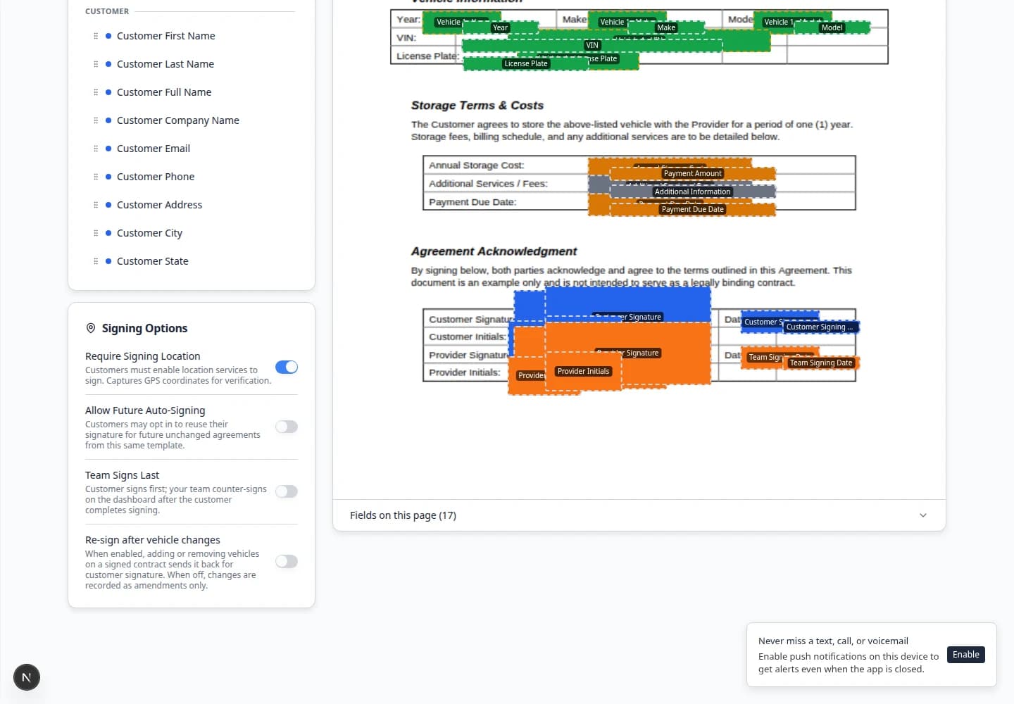 Contract template editor Signing Options showing Require Signing Location and Allow Future Auto-Signing toggles