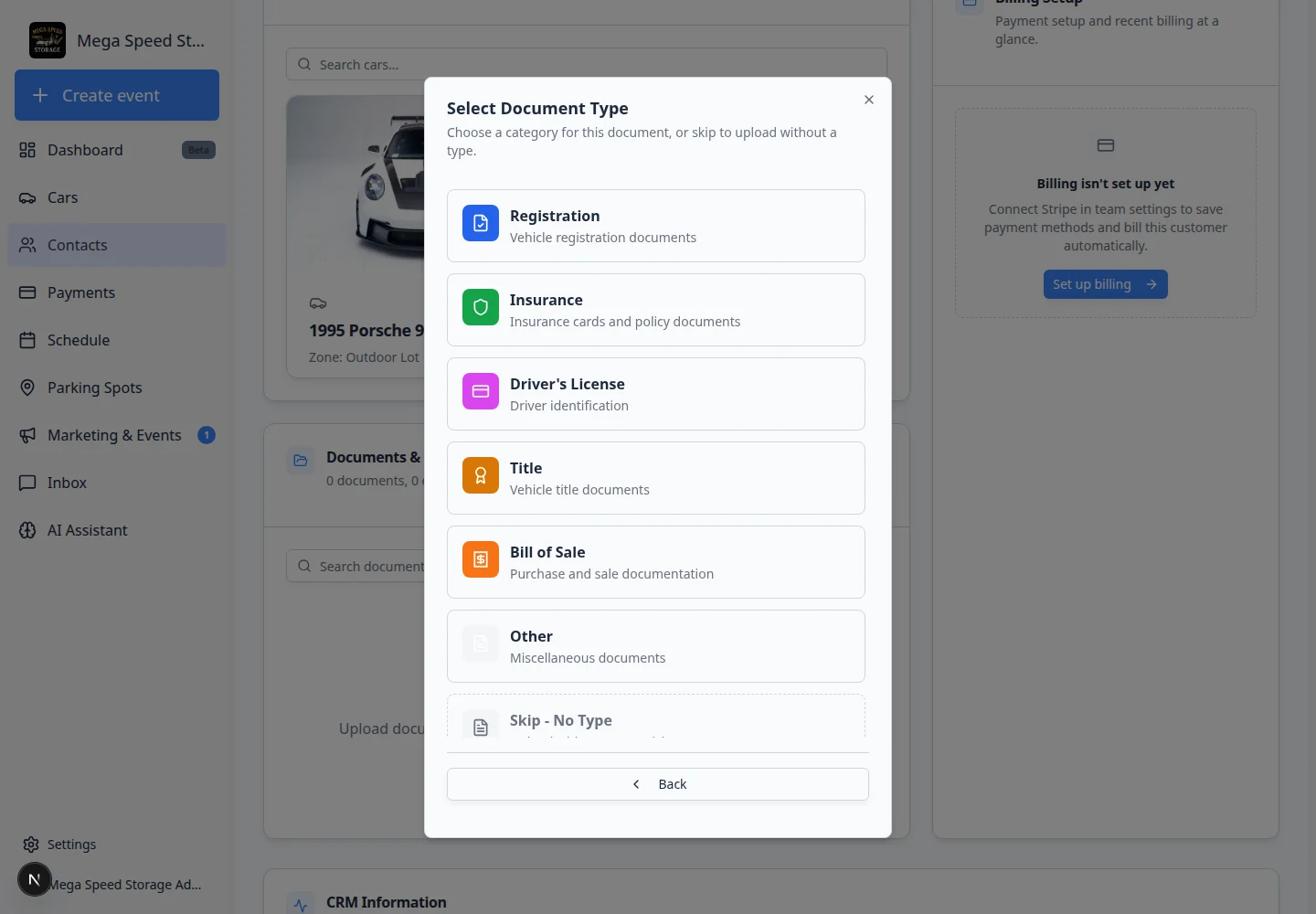Upload dialog showing document type selection and file upload area for a customer record