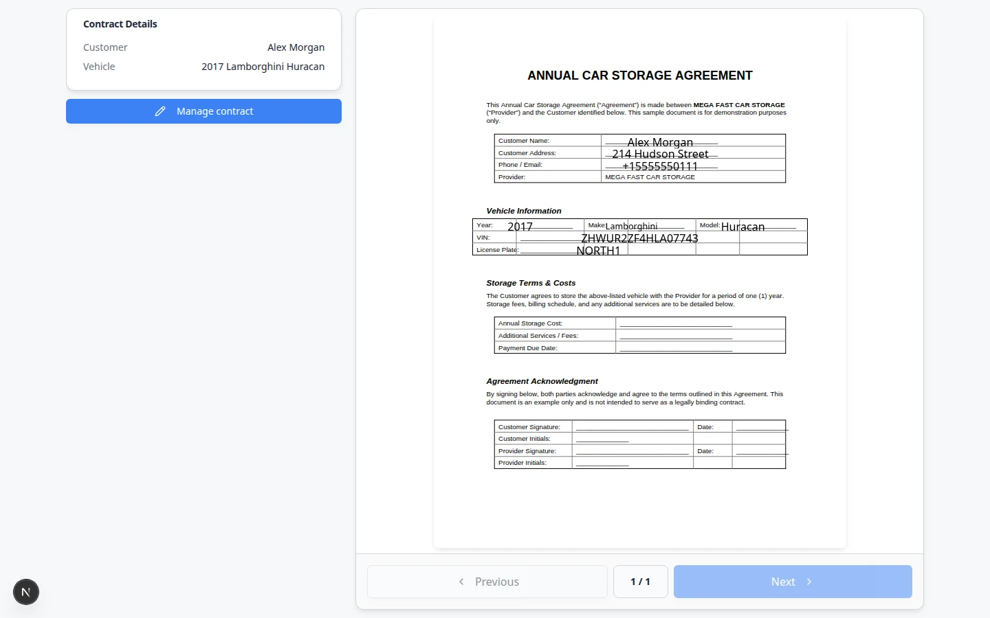 Customer contract signing page