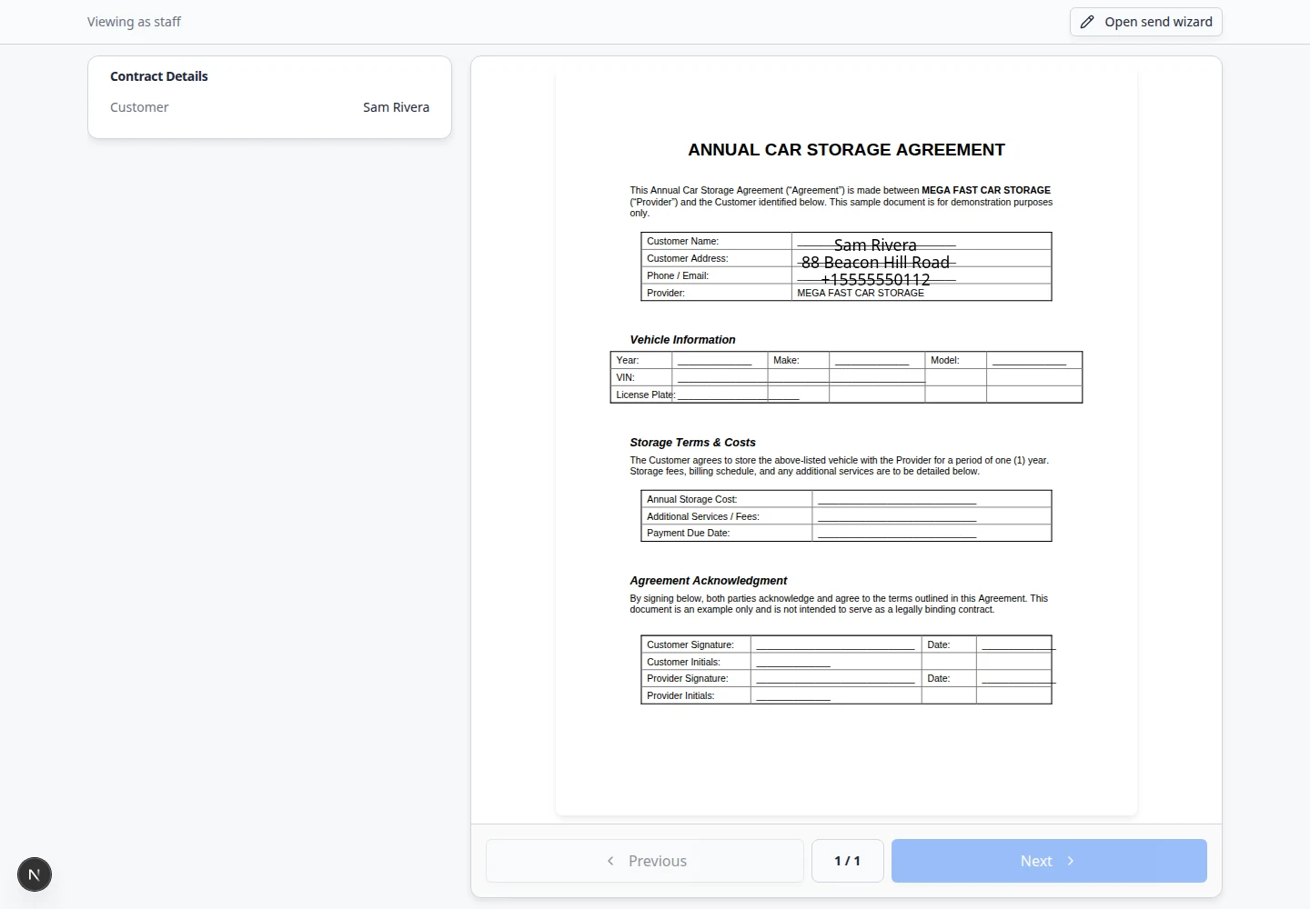 Customer signing page with agreement title, vehicle, signature pad, and Sign Contract button