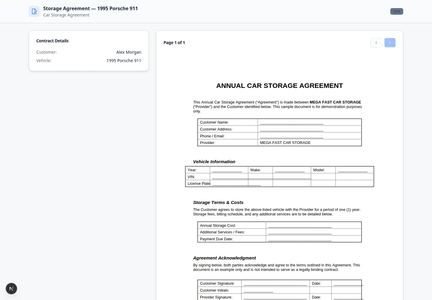 Customer signing page showing agreement title, vehicle details, signature pad, and Sign Contract button