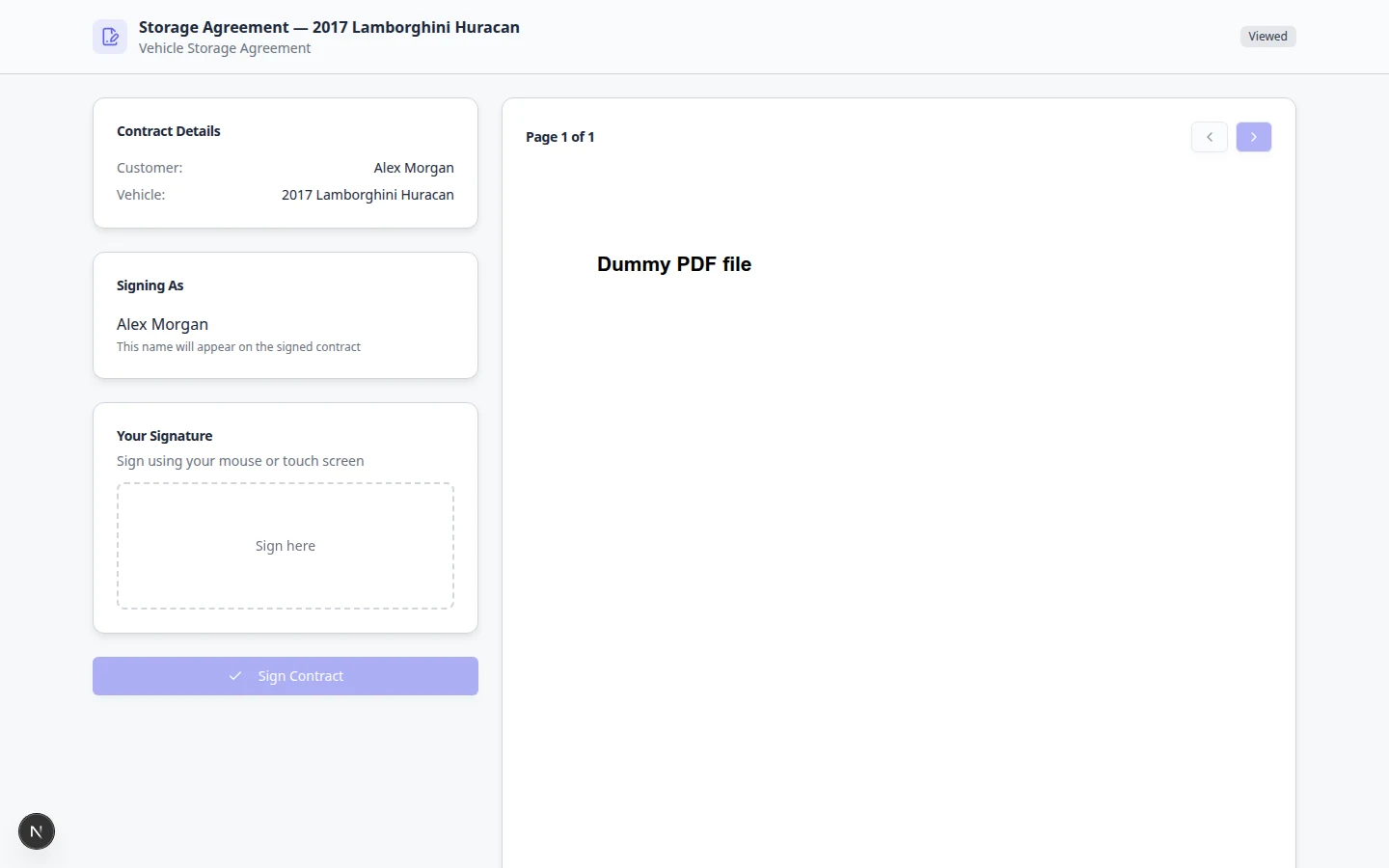 Customer contract signing page showing agreement title, vehicle details, signature pad, and Sign Contract button