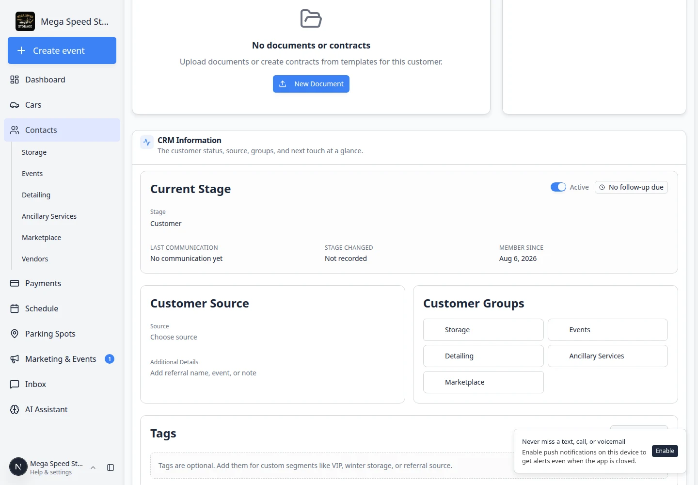 Customer record Documents and Contracts section showing uploaded documents and contracts with status labels