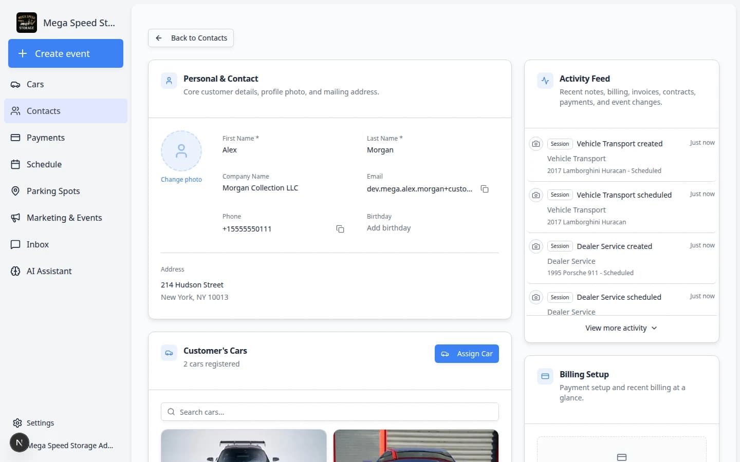 Customer record showing completed contract and uploaded documents in Documents and Contracts