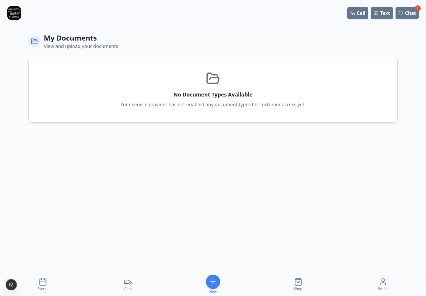 Customer portal My Documents page showing document type cards with Upload buttons