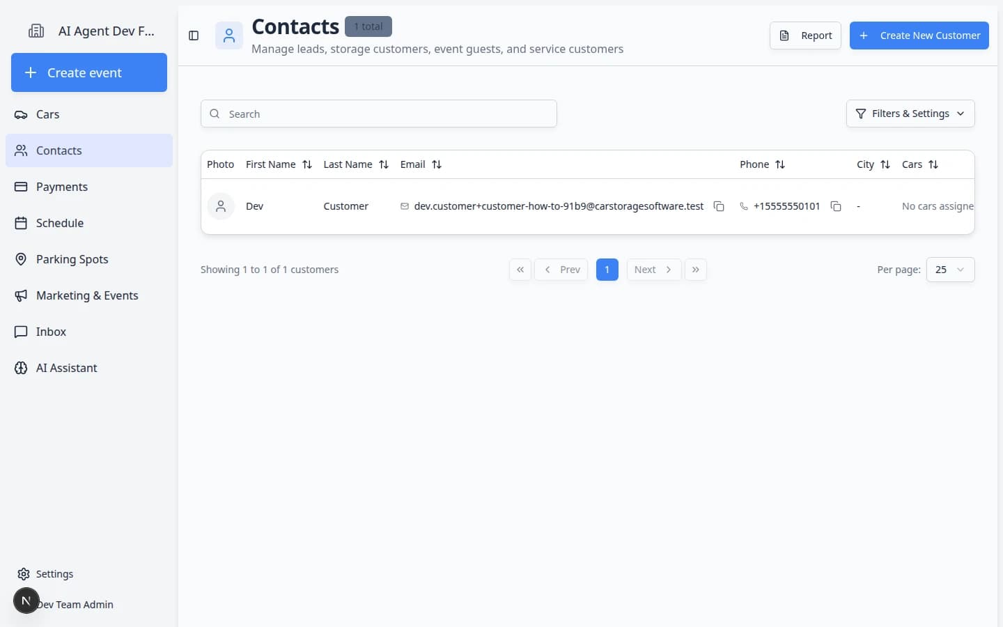 Contacts page with the Create New Customer button in the top-right header