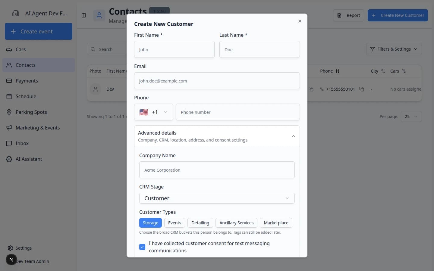 Create New Customer dialog with Advanced details expanded showing CRM Stage, Customer Types, and address fields