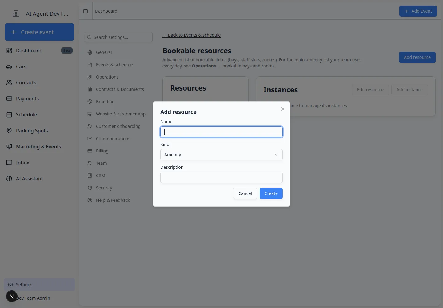 Add instance dialog with Name, Capacity, Linked user optional, Cancel, and Create buttons