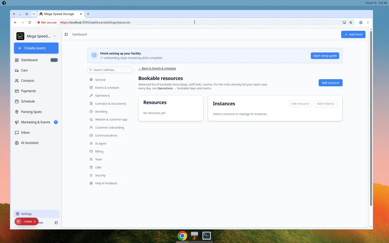 Bookable resources page showing a Detail Bay resource with one instance named Bay 1