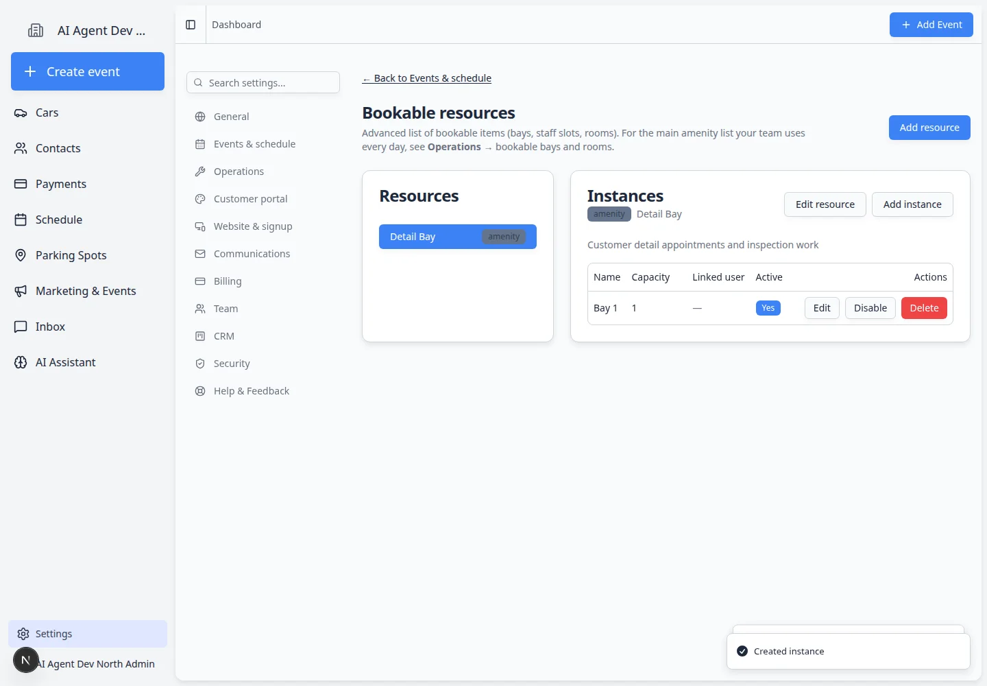 Bookable resources page showing a Detail Bay resource with one instance named Bay 1