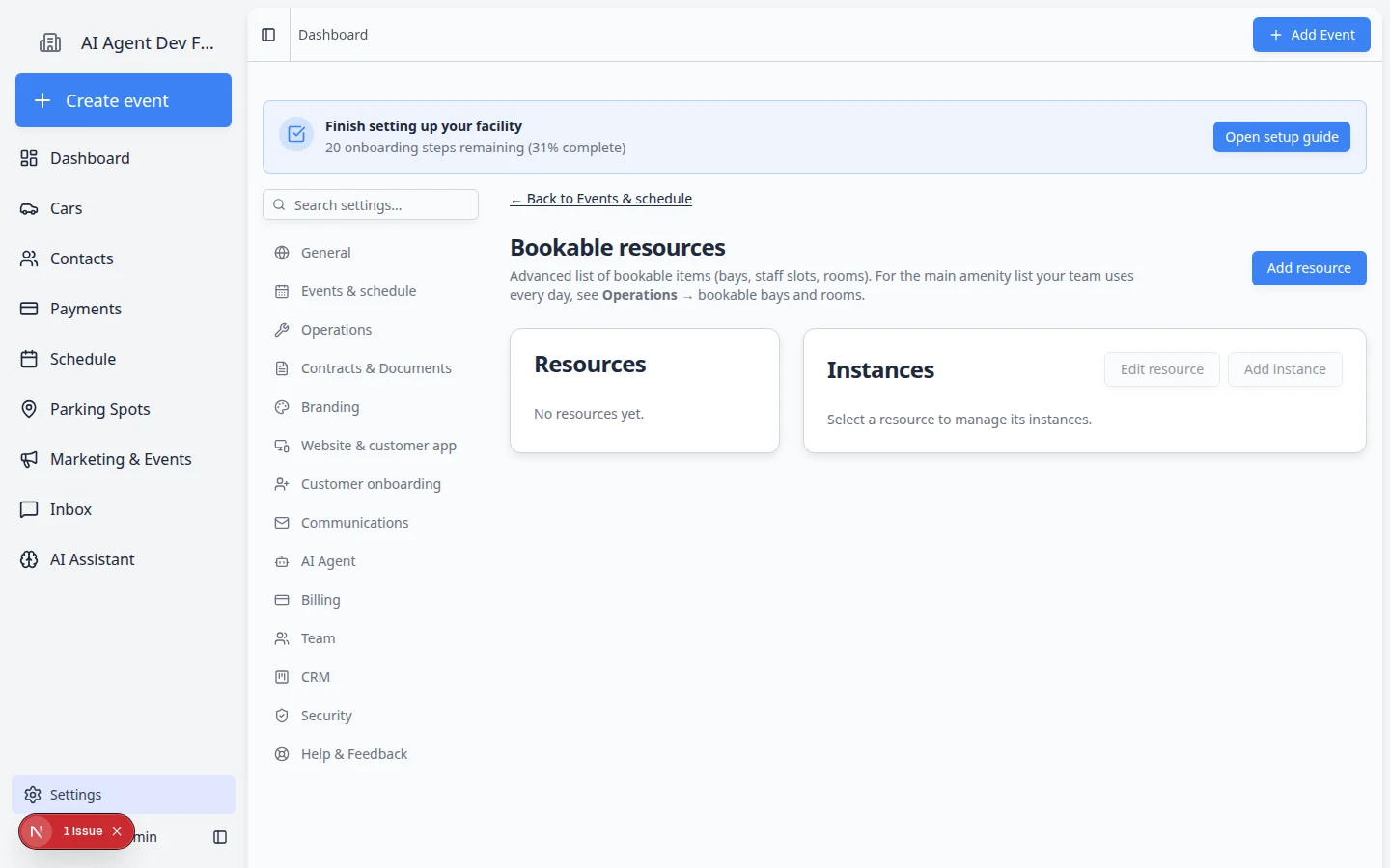 Bookable resources page showing Detail Bay with Bay 1 and Bay 2 instances listed