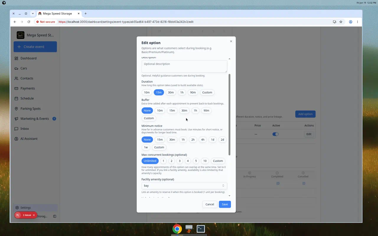 Edit option dialog showing Facility amenity optional dropdown with a bay instance selected