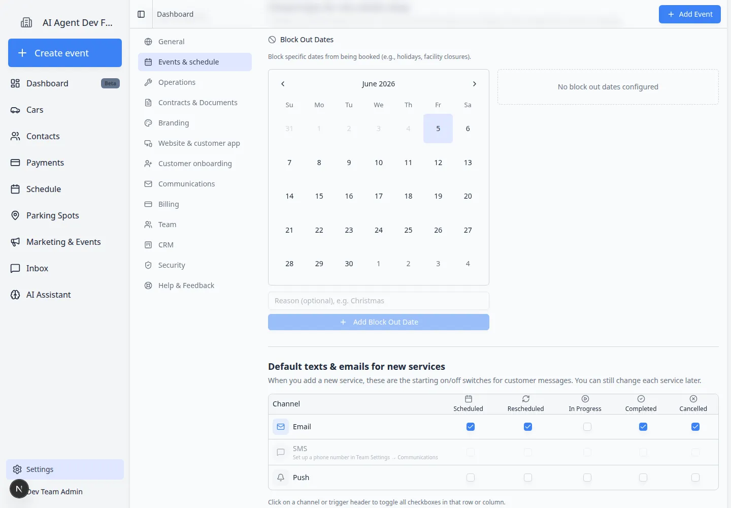Events and schedule settings page scrolled to Closed days for the whole shop with a calendar, reason field, and Add Block Out Date button