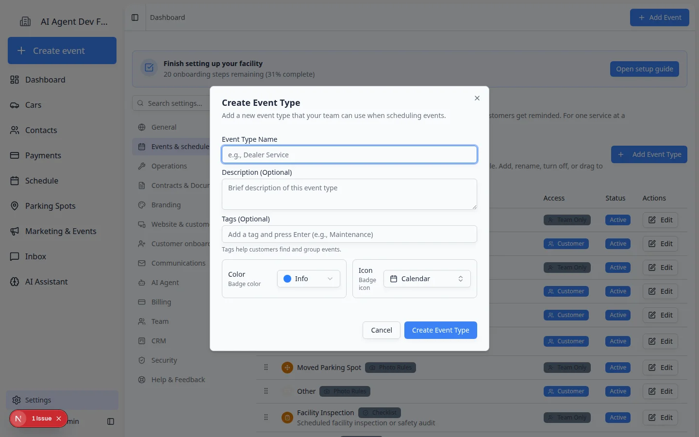 Create Event Type dialog with fields for Event Type Name, Description, Tags, Color, and Icon