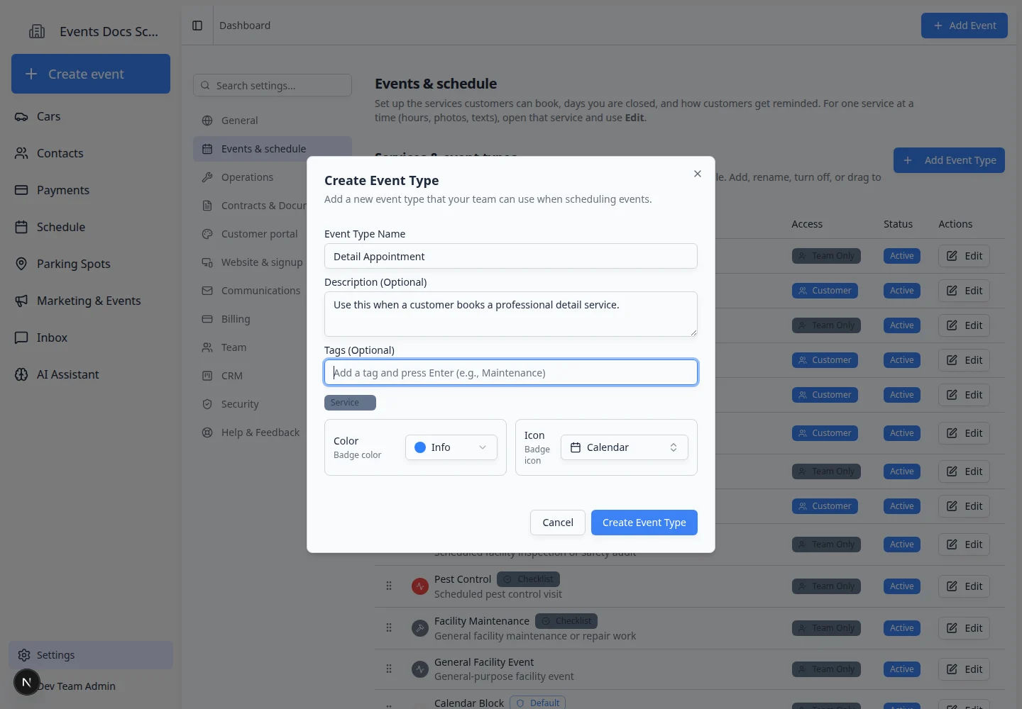 Create Event Type dialog with fields for Event Type Name, Description, Tags, Color, and Icon