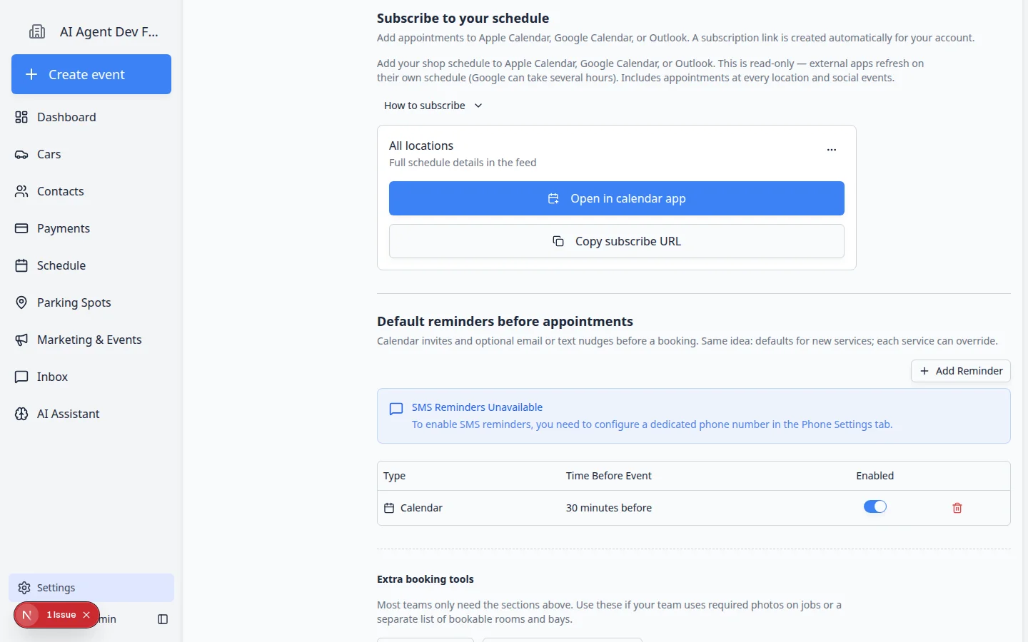 Default reminders before appointments section showing reminder table and optional SMS Reminders Unavailable banner