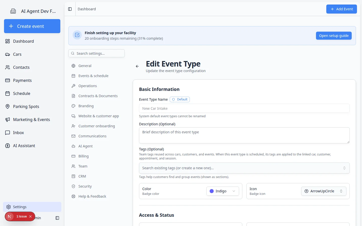 Edit Event Type page showing Basic Information, Access and Status, and feature settings
