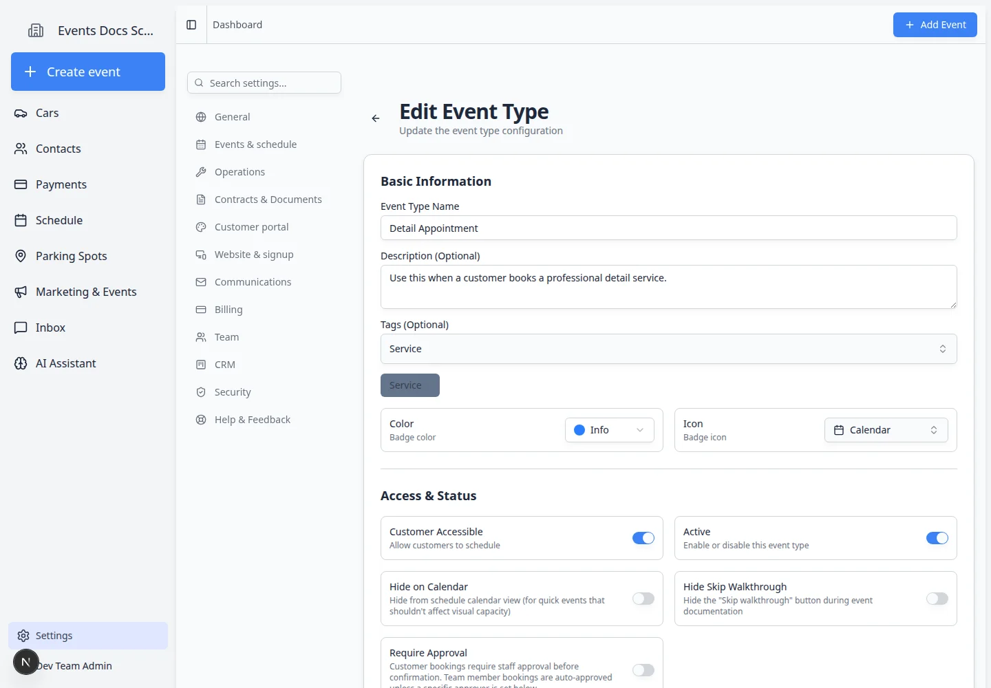 Edit Event Type page showing Basic Information, Access and Status, and feature settings