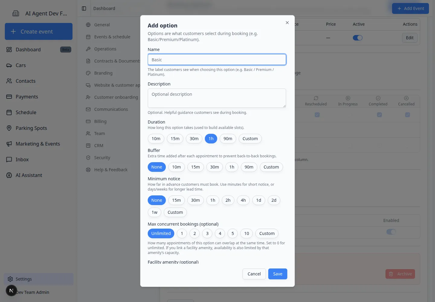 Add option dialog showing name, description, duration, buffer, minimum notice, capacity, active status, and save controls