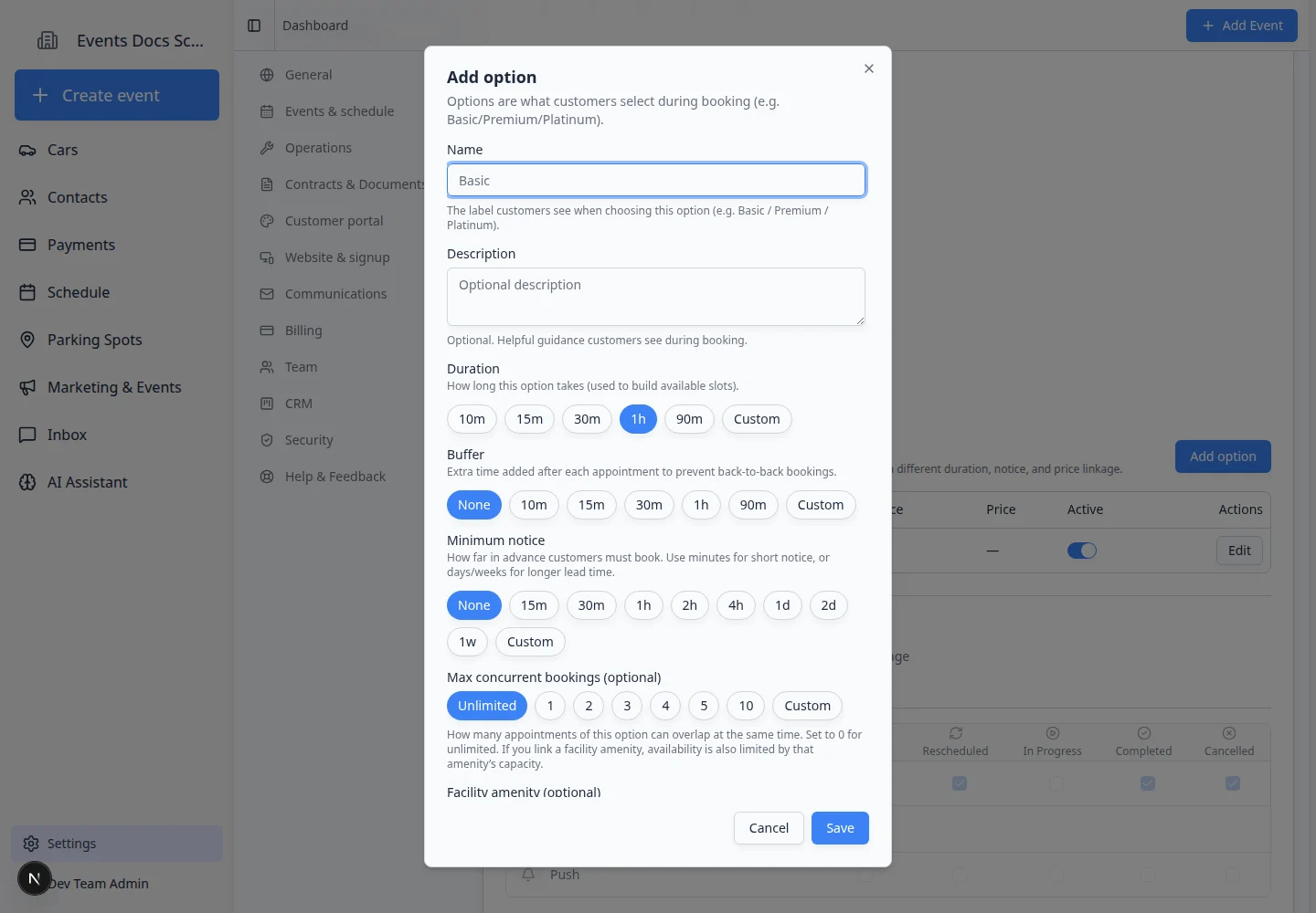 Add option dialog showing name, description, duration, buffer, minimum notice, capacity, active status, and save controls