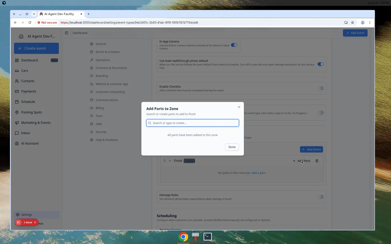 Add Parts to Zone dialog with search field and list of part names such as Hood and Bumper