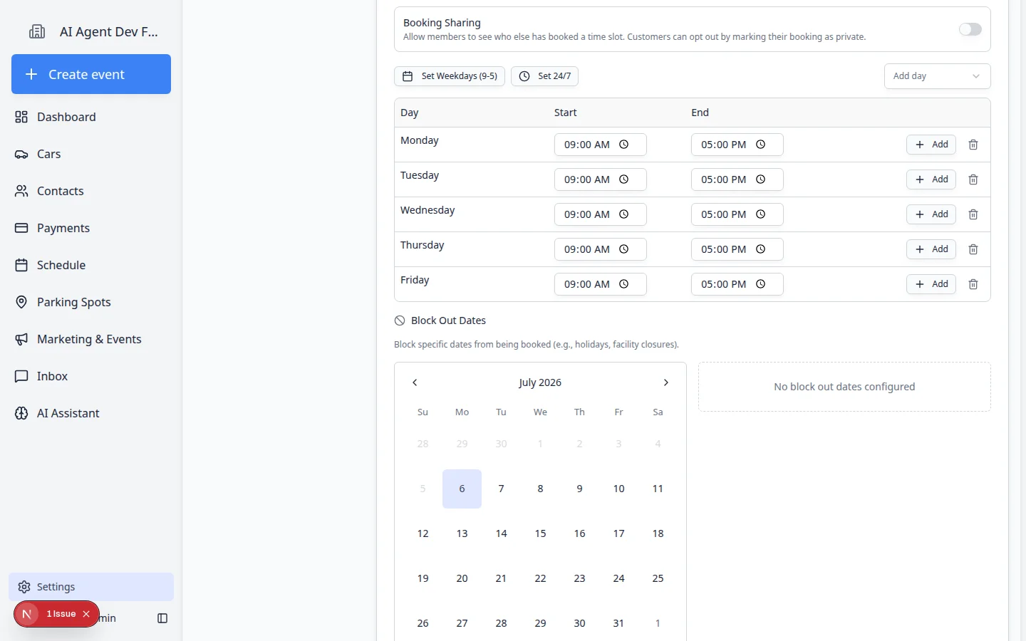 Event type Scheduling section showing Block Out Dates calendar, reason field, and Add Block Out Date button