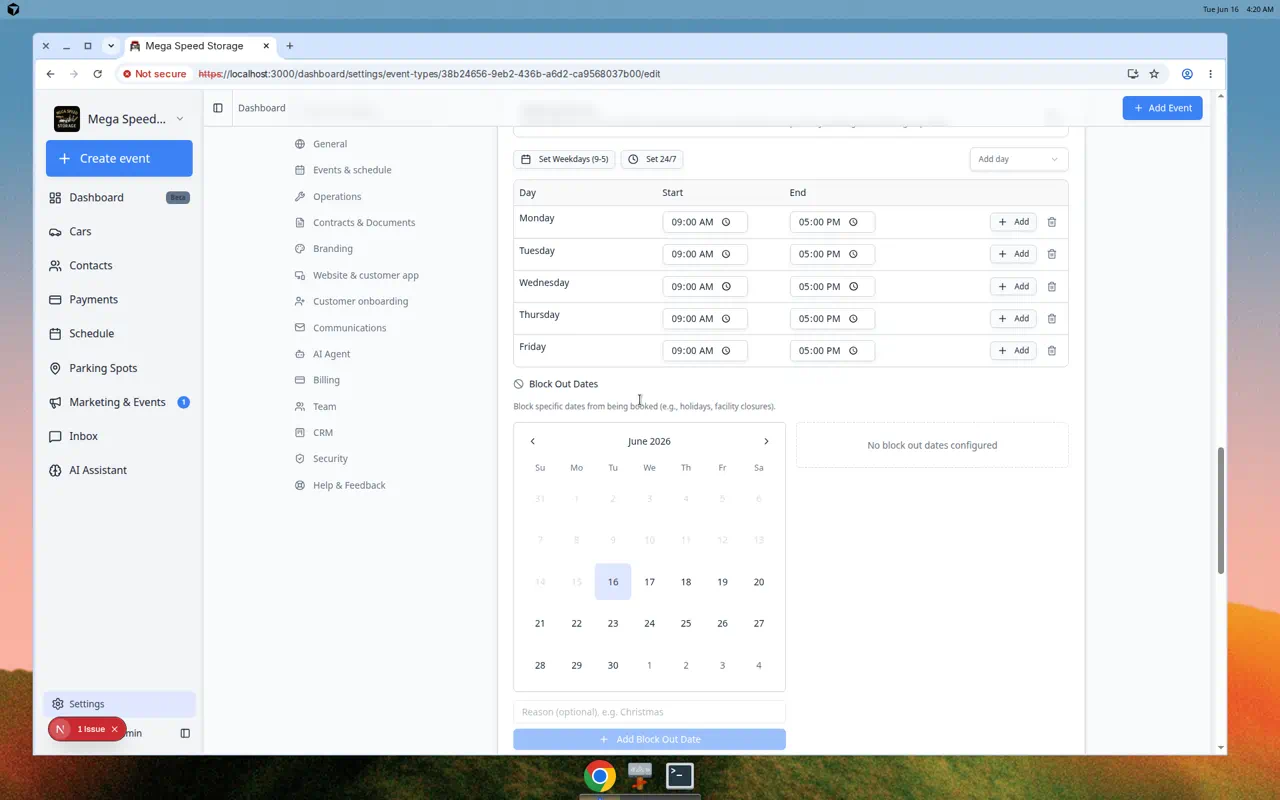 Event type Scheduling section showing Block Out Dates calendar, reason field, and Add Block Out Date button