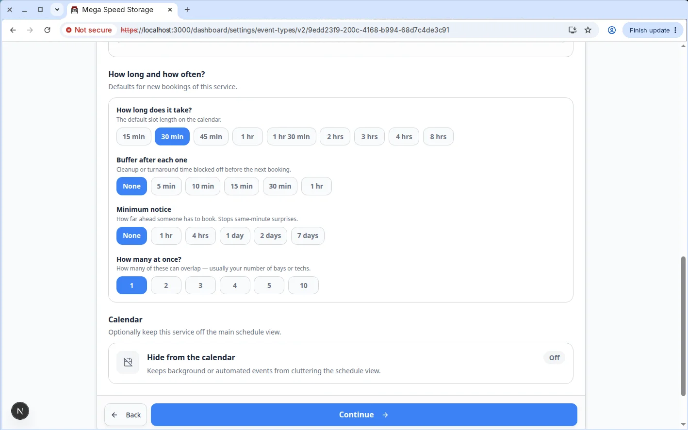 Edit Event Type page showing the Booking Options table with columns for name, duration, buffer, minimum notice, price, active, and actions