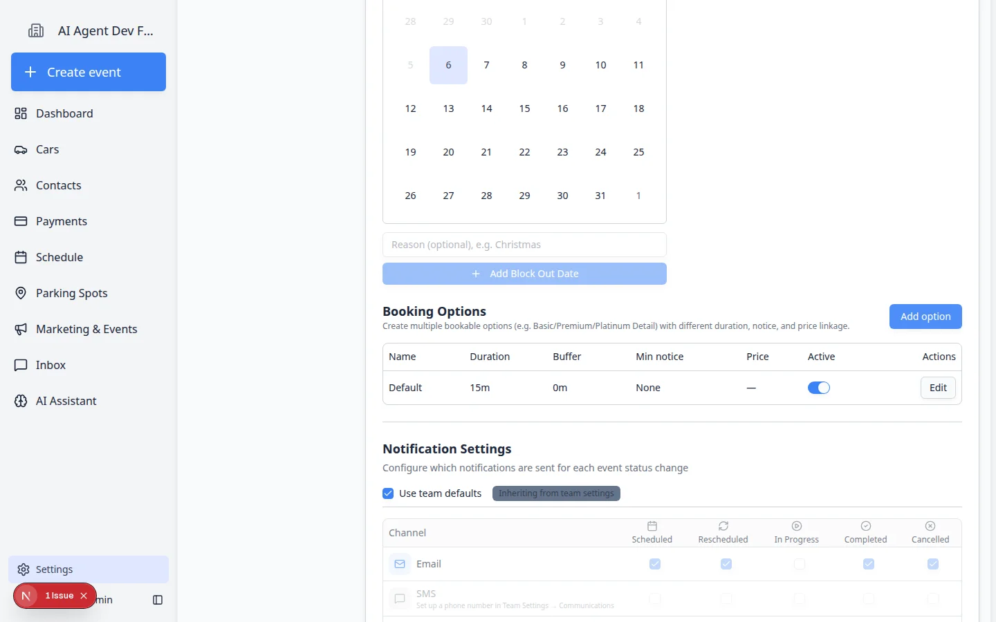Booking Options table on an event type edit page showing option name, duration, buffer, minimum notice, and active status