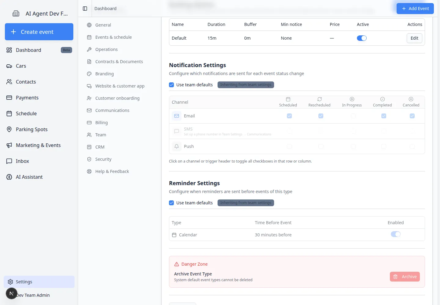 Booking Options table on an event type edit page showing option name, duration, buffer, minimum notice, and active status