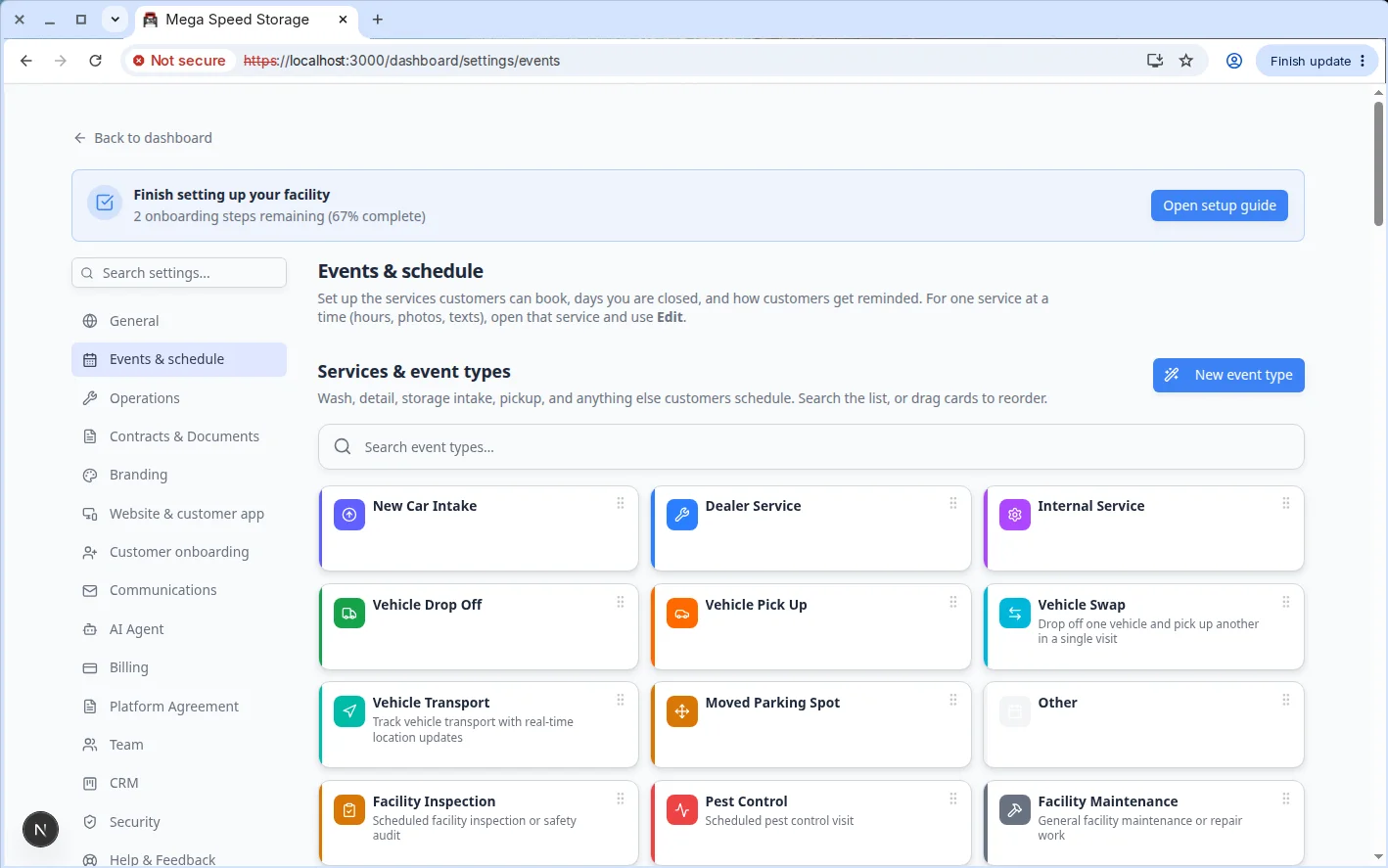 Services and event types table showing event names with badges such as Customer, Active, Photo Rules, and Checklist