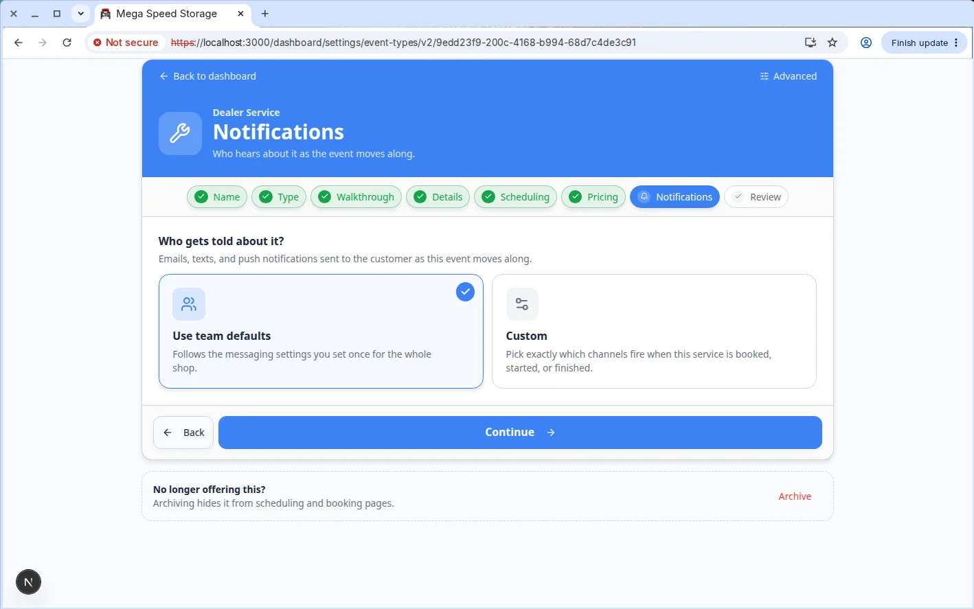 Edit Event Type page showing Notification Settings with Use team defaults and rows for scheduled, rescheduled, in progress, completed, and cancelled