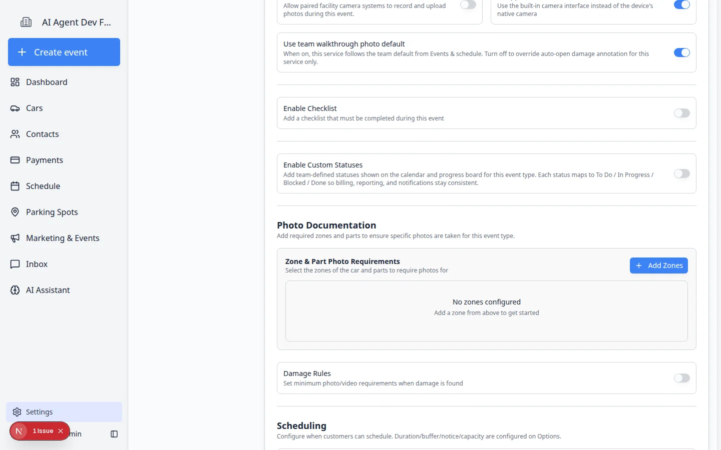 Edit Event Type page scrolled to the Photo Documentation section with Zone and Part Photo Requirements