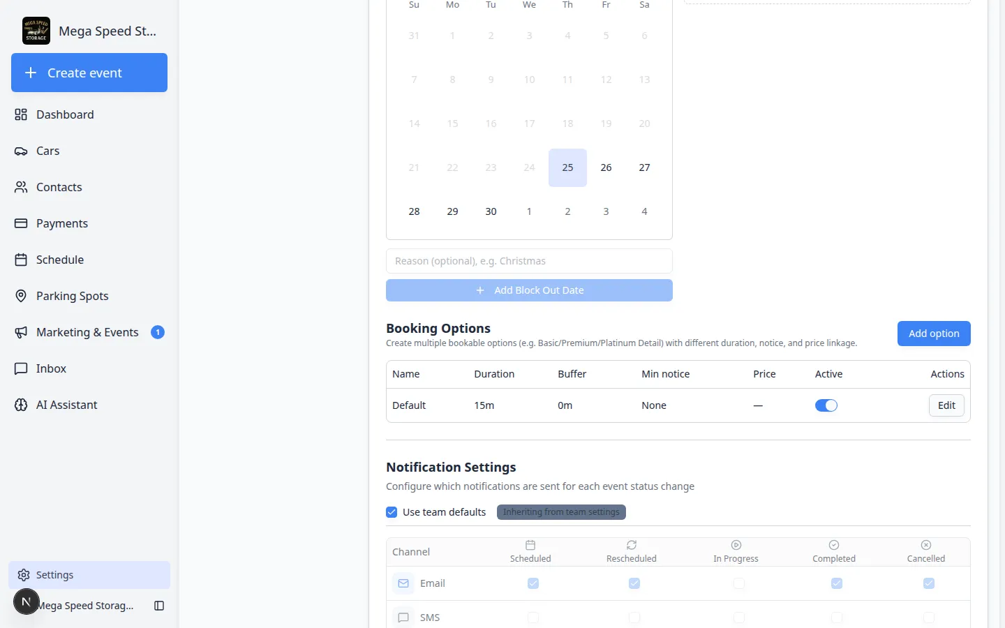 Edit Event Type page showing Reminder Settings with Use team defaults, reminder type, time before event, and enabled controls