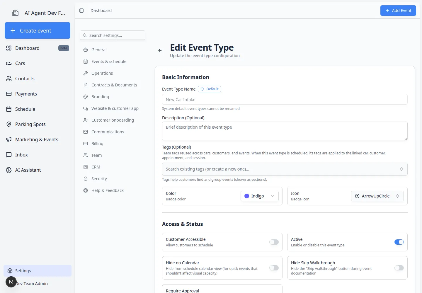 Edit Event Type page showing Reminder Settings with Use team defaults, reminder type, time before event, and enabled controls