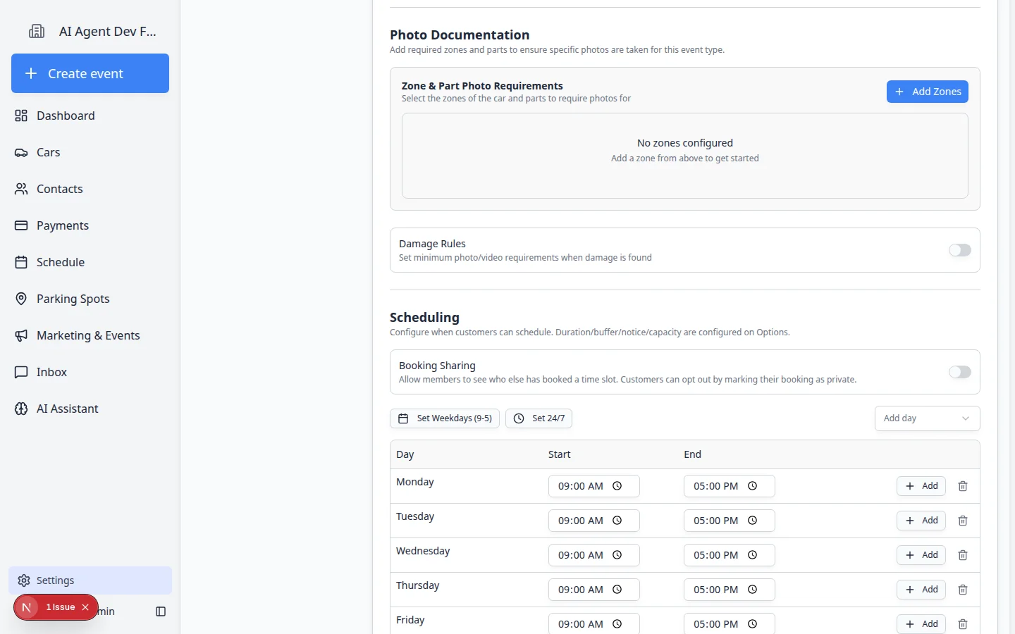 Edit Event Type page scrolled to Scheduling, showing available days and time ranges