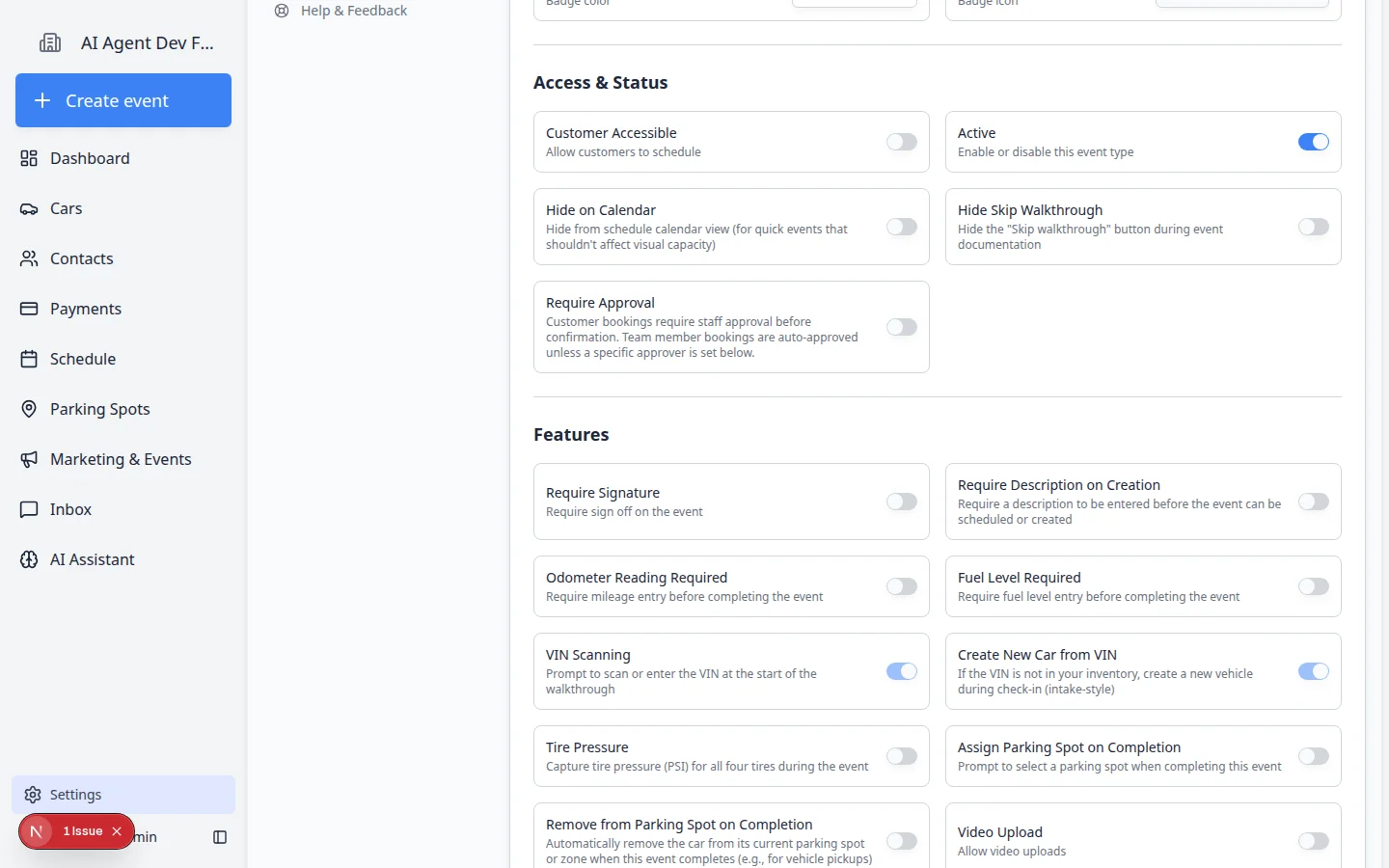 Edit Event Type page showing Access and Status toggles and Features section with workflow switches